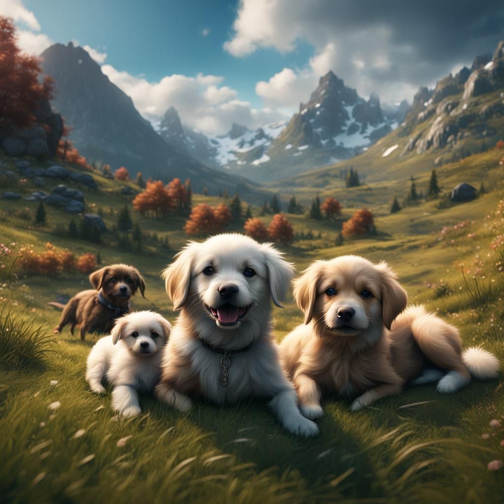 Mountain Landscape with Dogs in Detailed Matte Painting