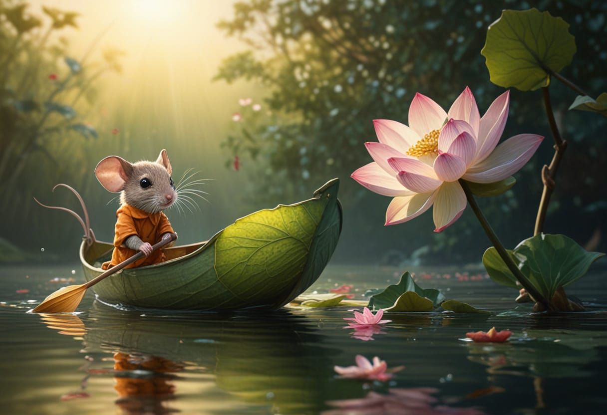 Whimsical Fantasy Scene with Furry Mouse and Lotus Flower