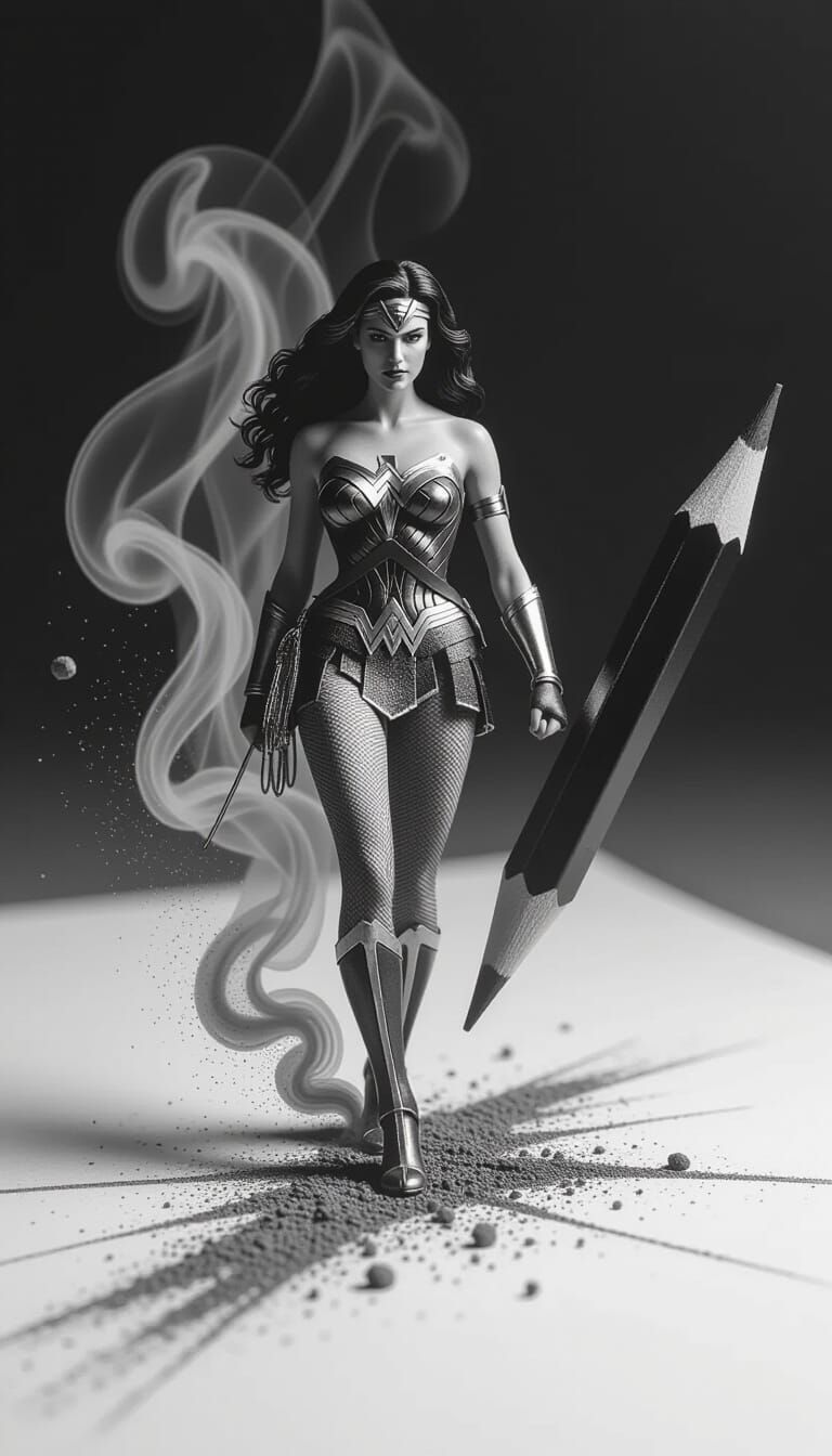 Wonder Woman Emerges From Charcoal Sketch in Macro Realism