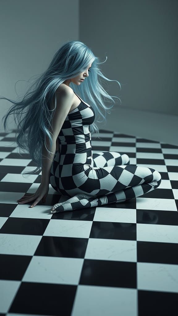 Surreal Woman with Chessboard Body on Checkered Floor