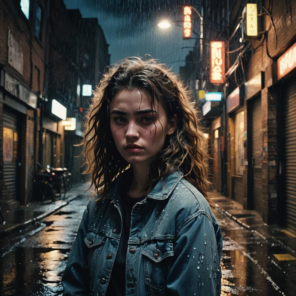 Moody Teenage Girl in Rainy Alleyway, Inspired by Film Noir