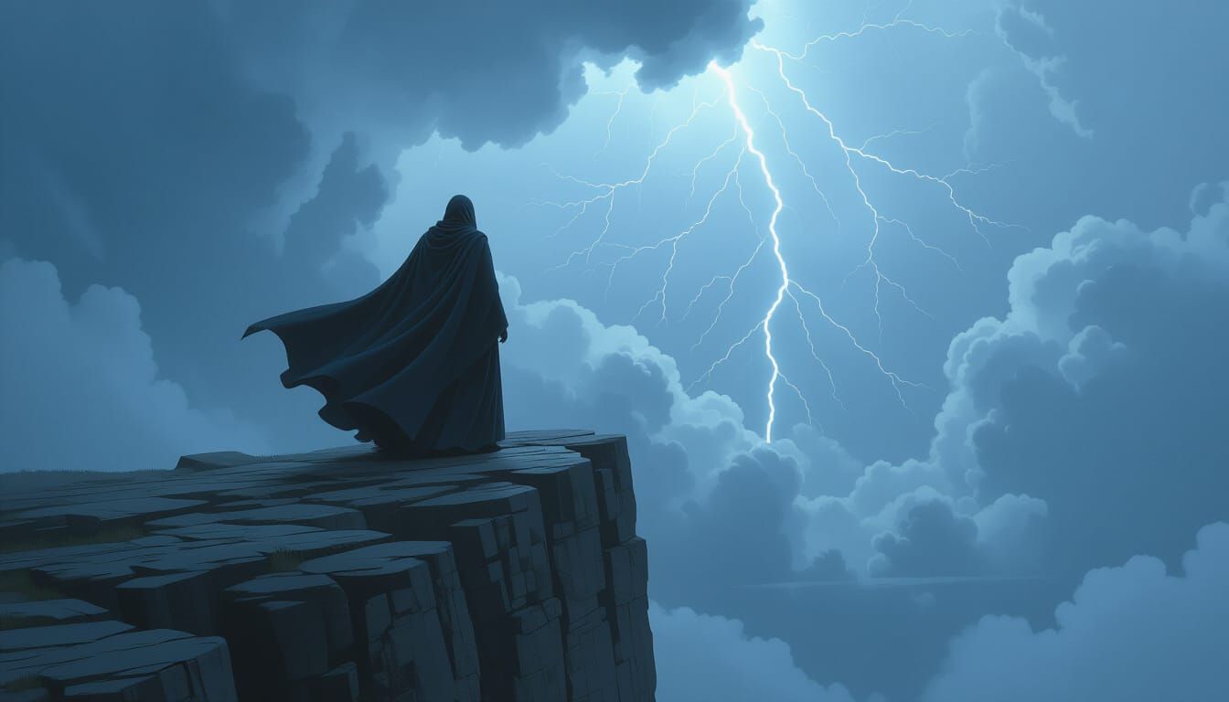 Cloaked Philosopher on Cliff, Stormy Sky, Cinematic Low Angl...