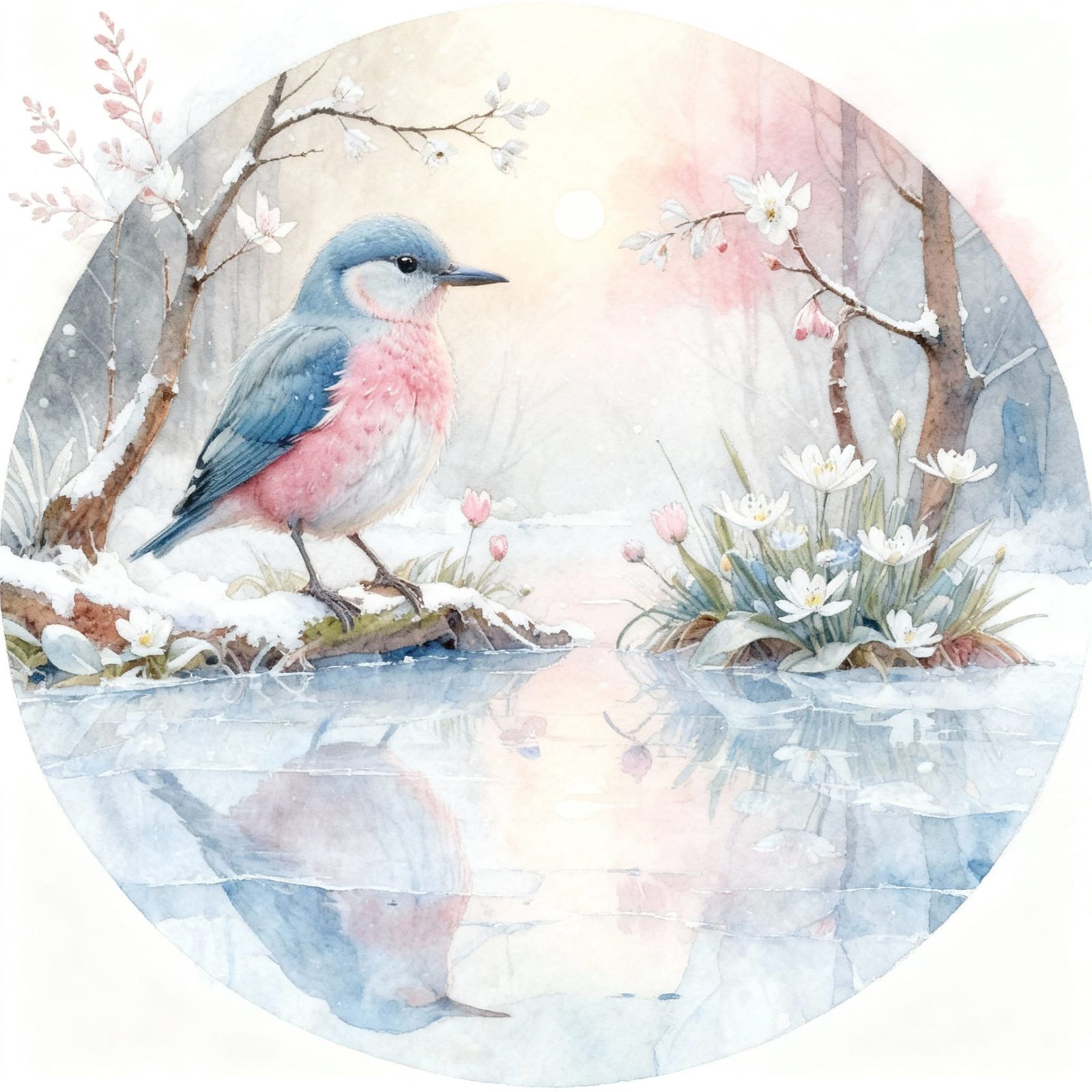 Pastel Bird Perched on Snowy Branch Over Frozen Lake