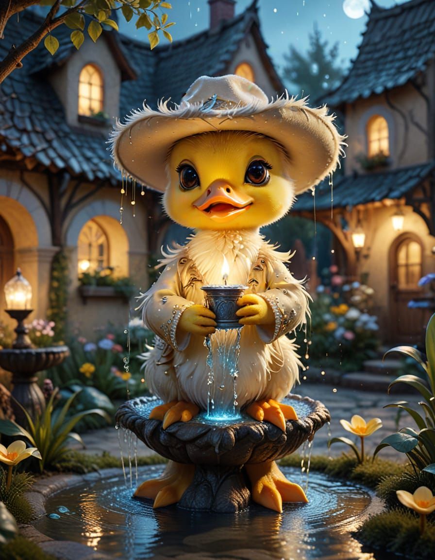 Surreal Cowboy Fountain in Moonlit Courtyard