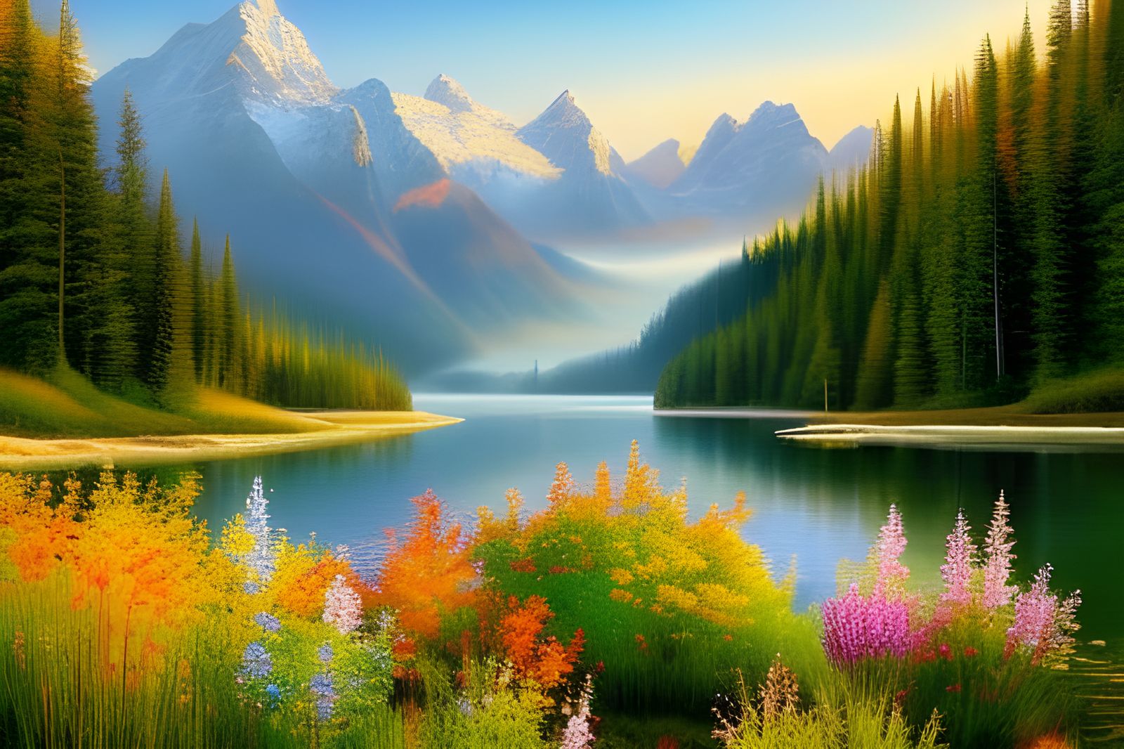 Serene, nature-inspired scene with pastel shades of blues, greens - 3774