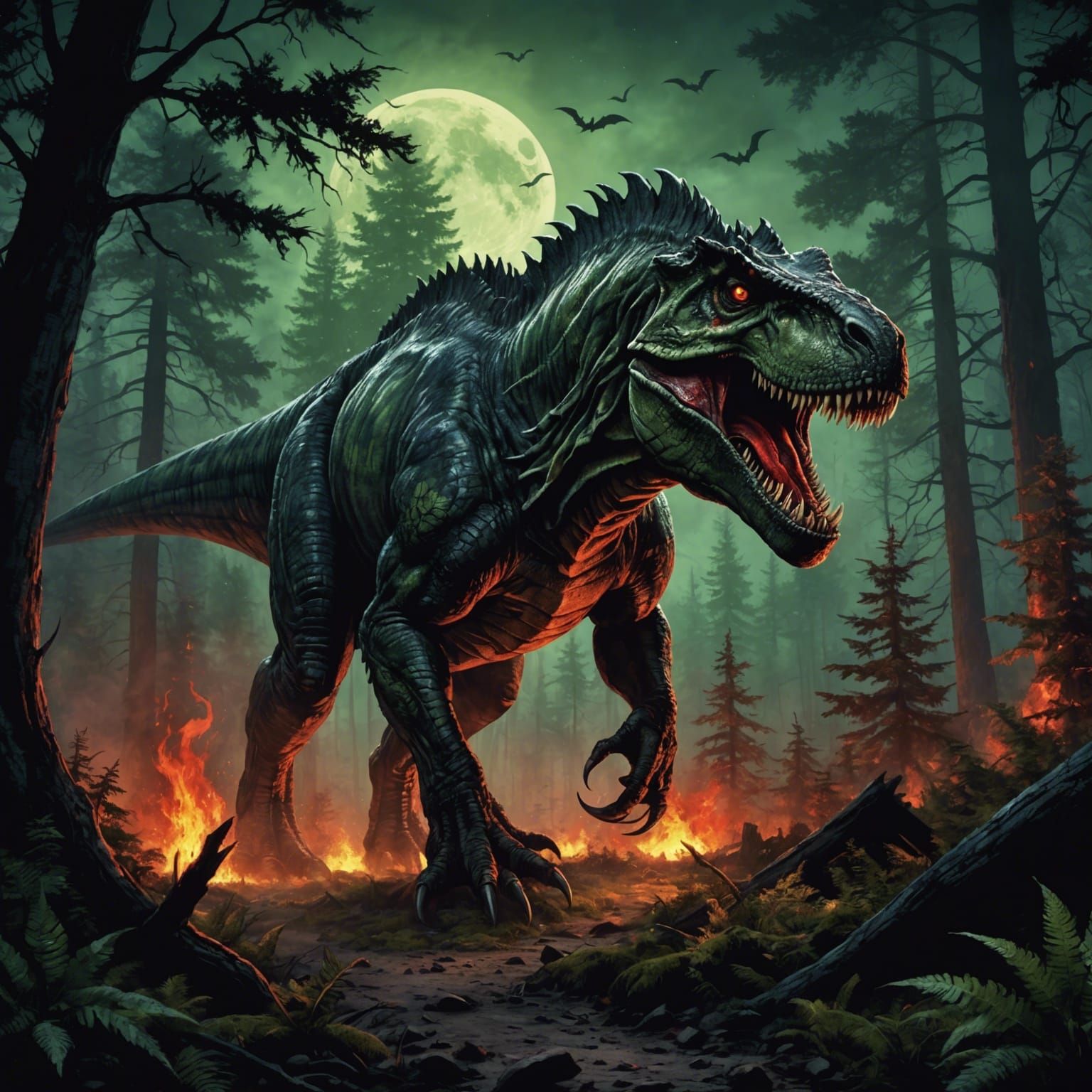 Vampire T-Rex in Haunted Forest: Hyperrealistic Illustration