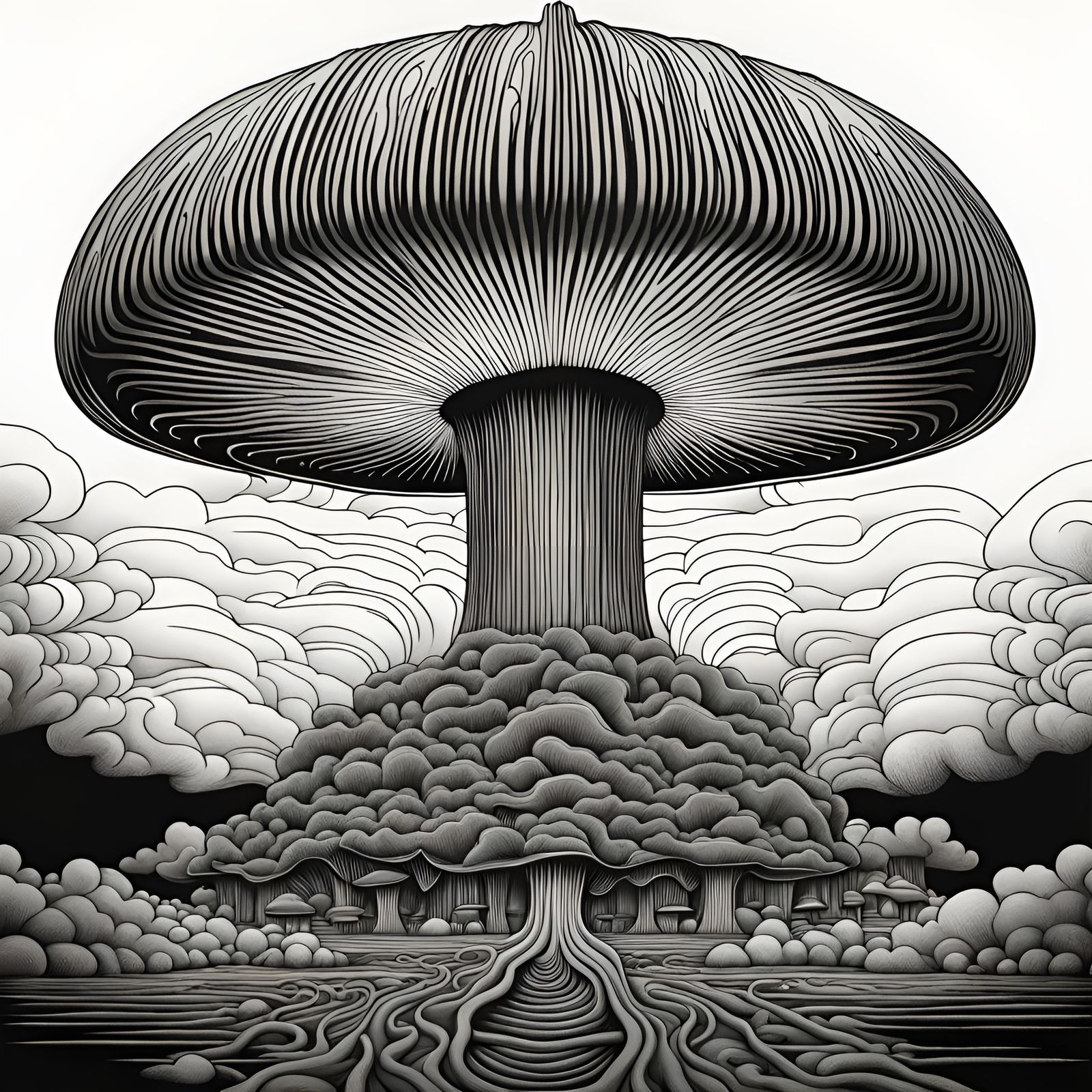 Monochrome Abstract Line Art of Nuclear Cloud