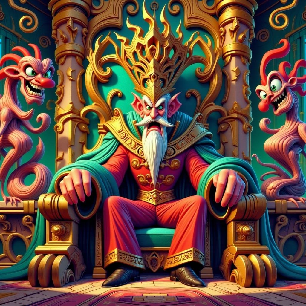 King on a Throne in Distorted Architectural Grandeur