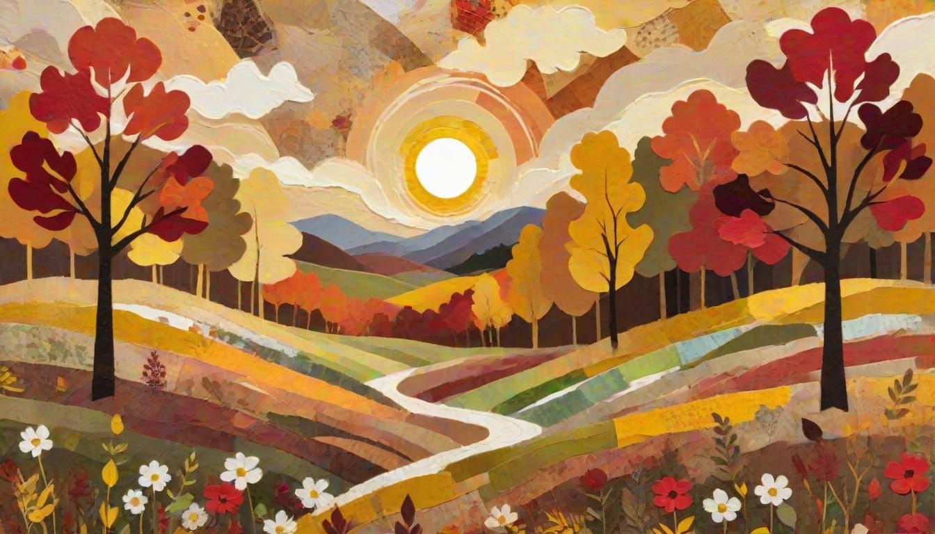 A whimsical impressionist torn paper collage landscape of a ...