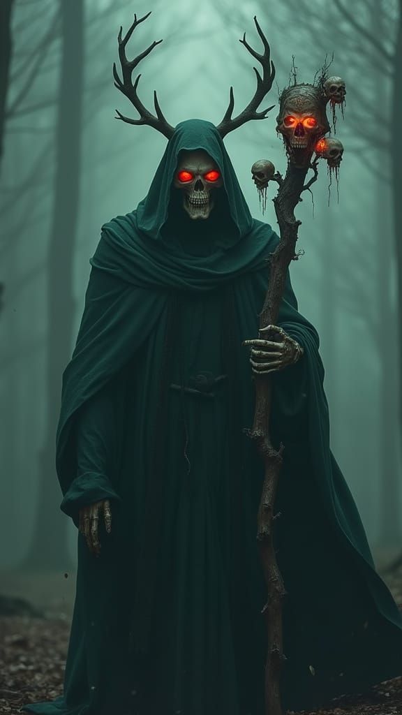 Hyper Realistic Necromancer in Misty Forest