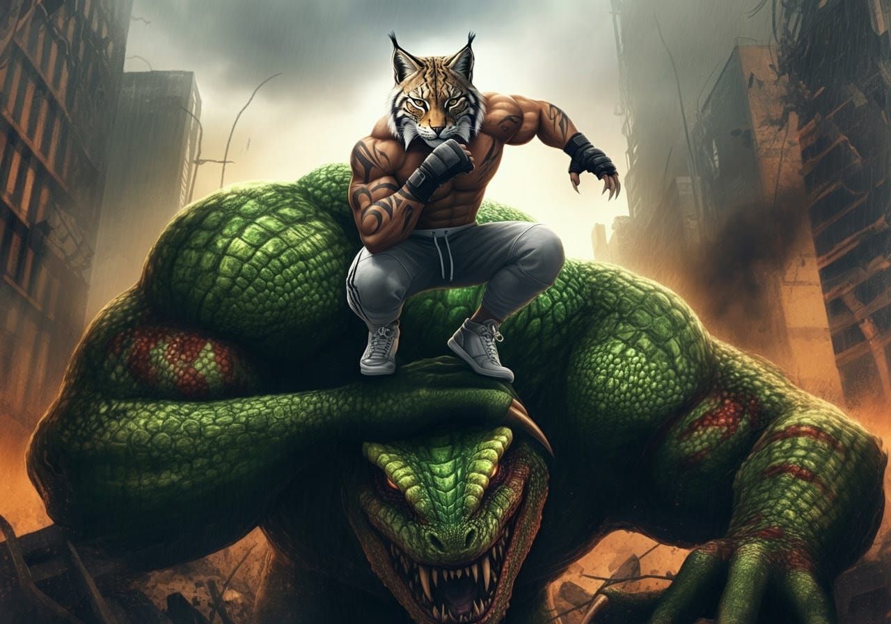 Lynx Prowler landing on the shoulders of Kaiju-O, the Boss of Apex Warriors, about to strike him with his claws