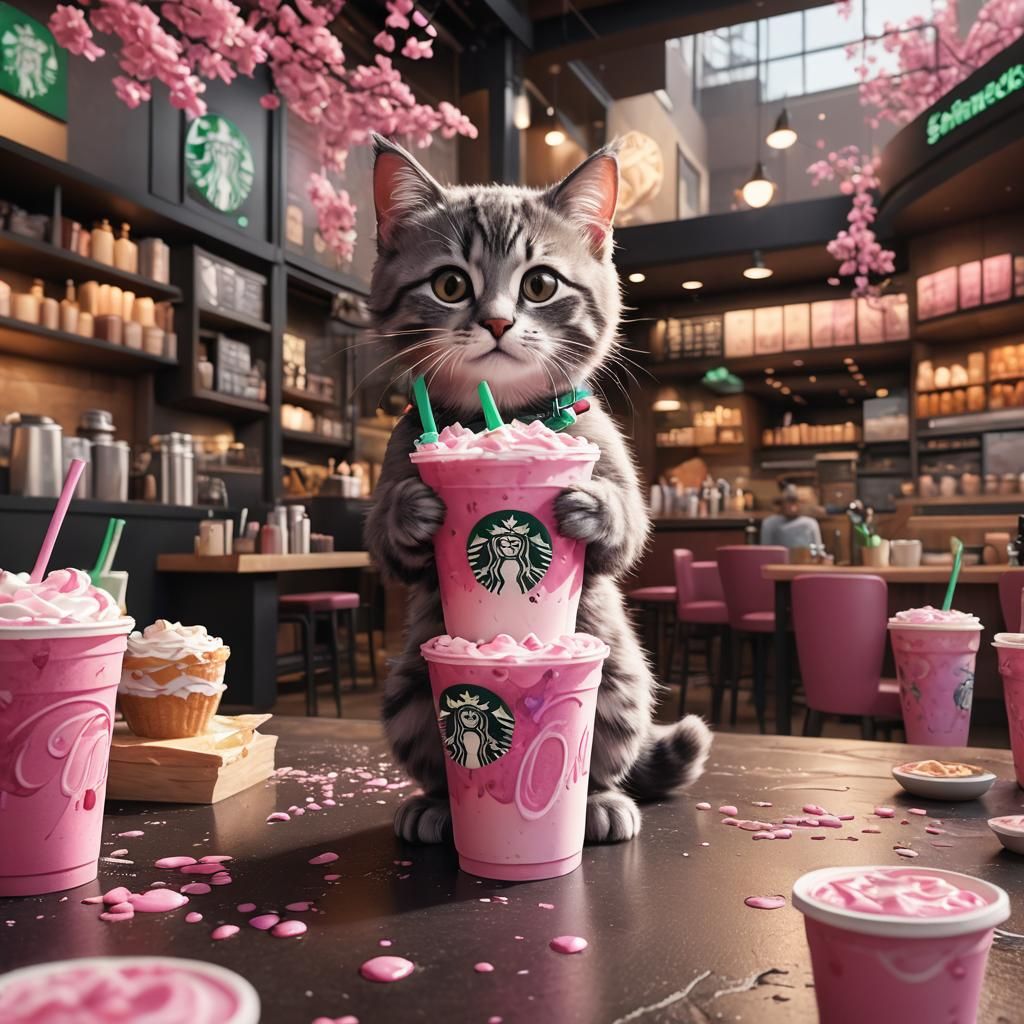 Kawaii Kitten at Starbucks: Detailed Fantasy Art