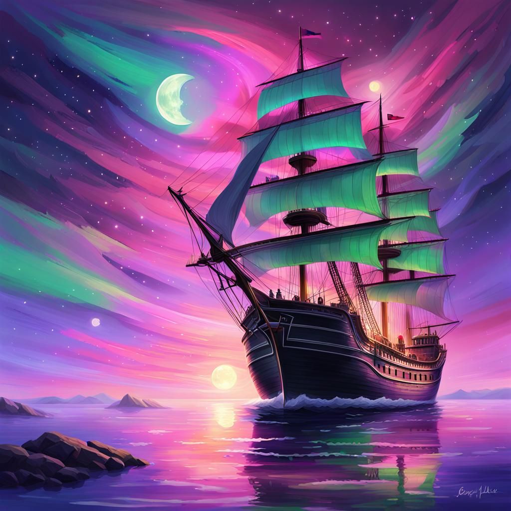 Majestic Ship Sails Under Pastel Aurora: Digital Painting