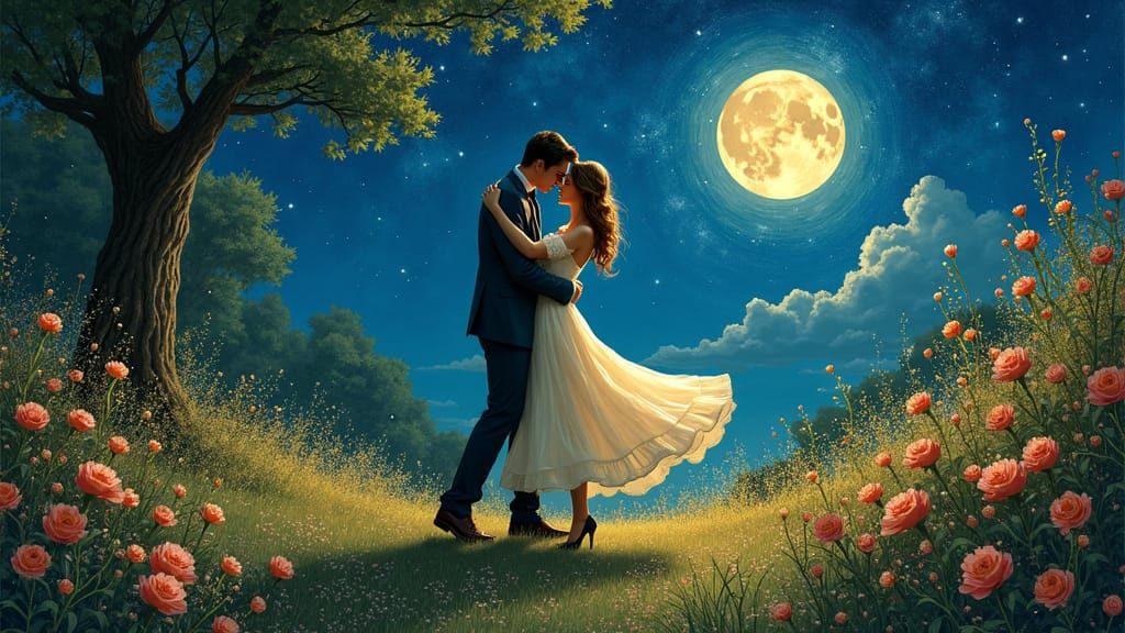 Celestial Waltz: Lovers Dancing Under the Moon