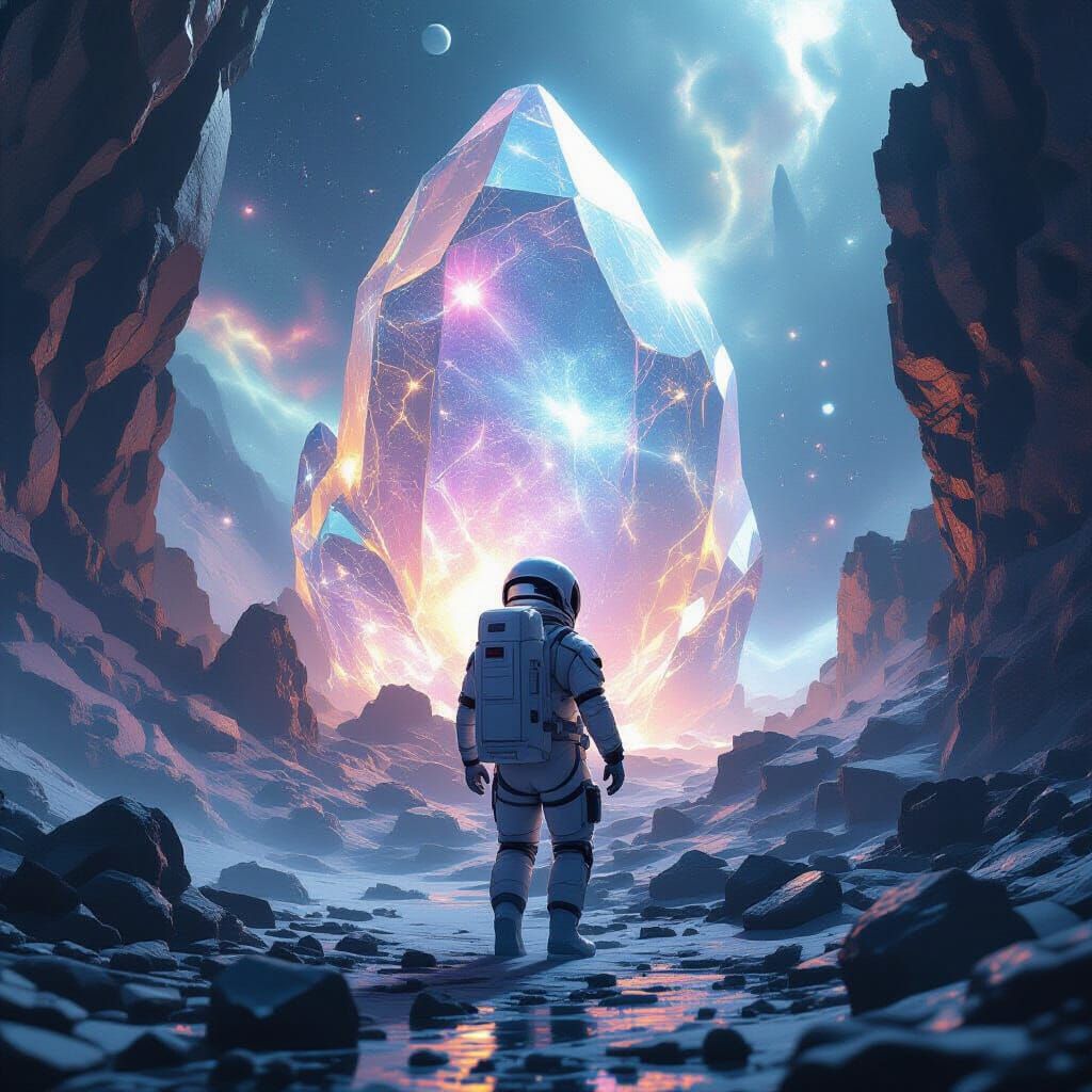 Astronaut and Crystalline Geode in Deep Space