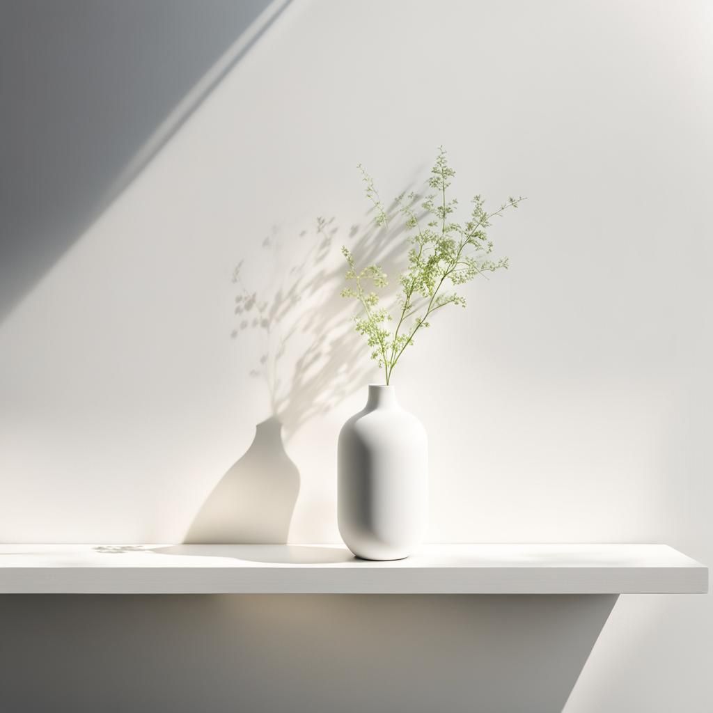 Minimalist White Shelf with Vase in Sunlight