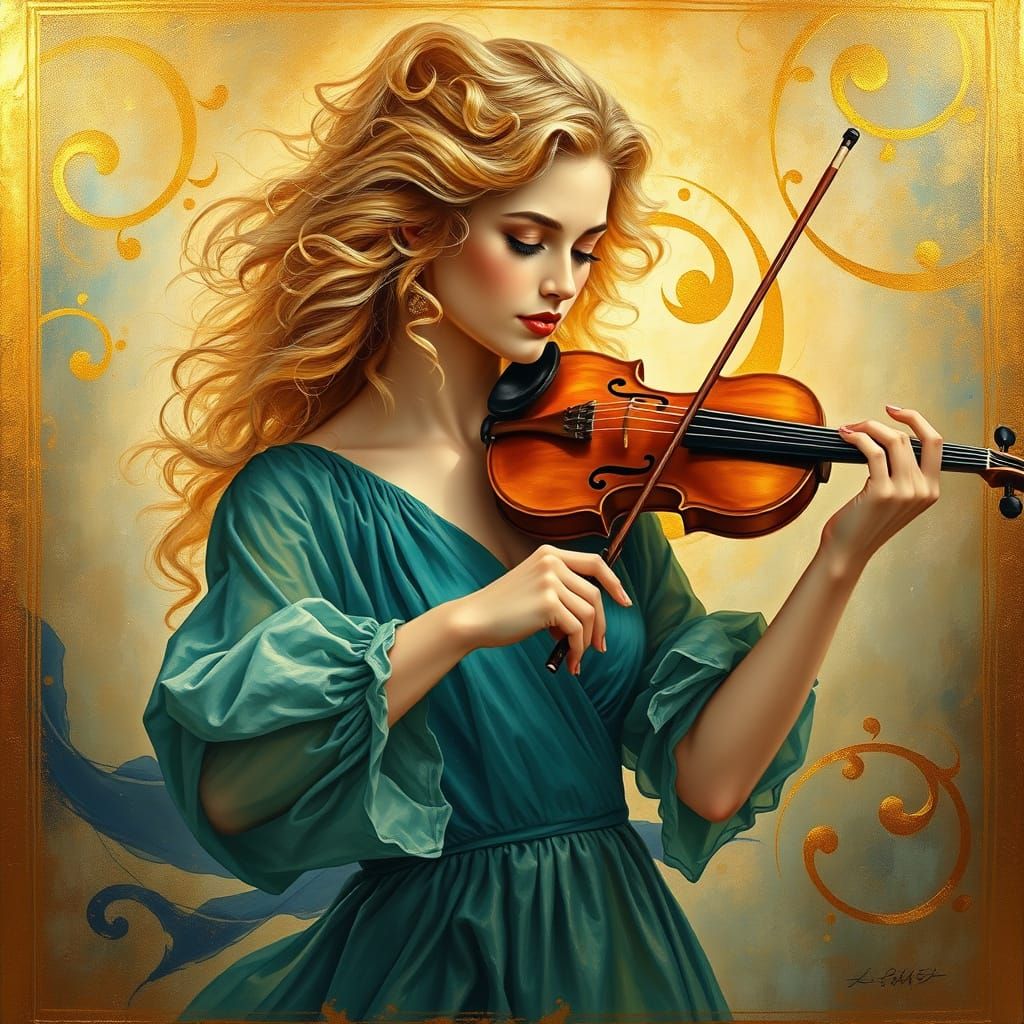 Golden Framed Violinist in Teal Gown, Inspired by Symbolist ...