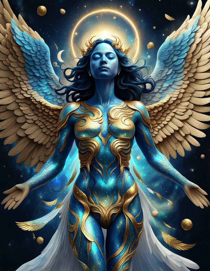 Blue Angel with Golden Wings in Astral Style