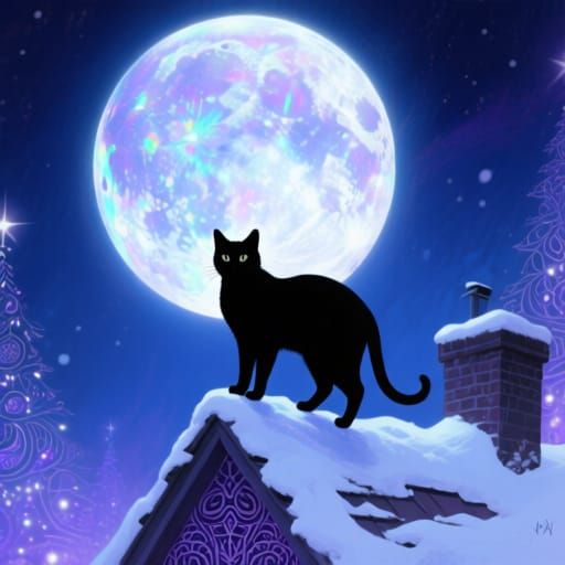 Black Cat Silhouette Under Iridescent Christmas Moon in Aman...