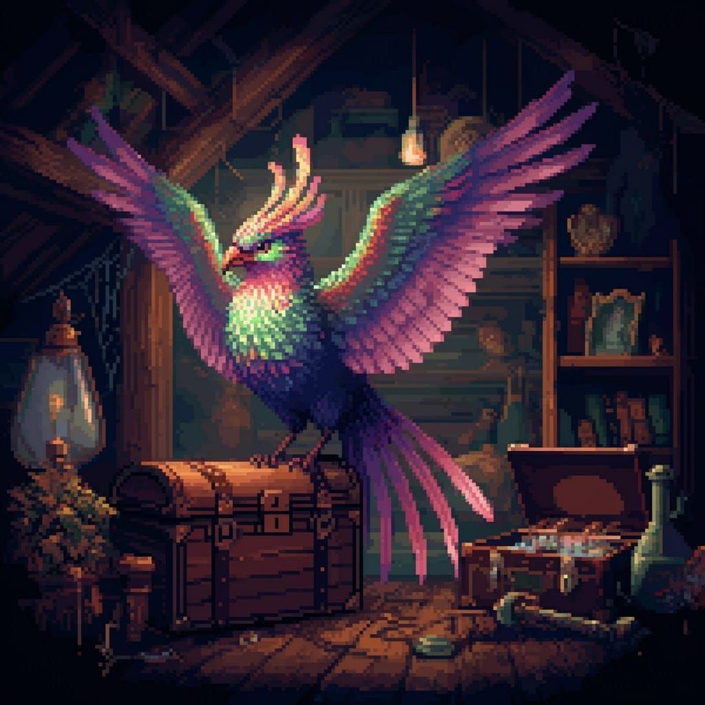 Iridescent Bird in Attic: 8-bit Pixel Art