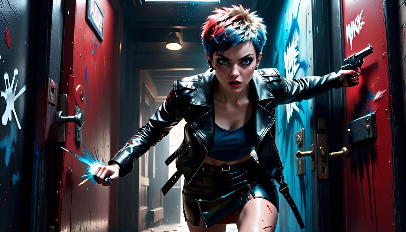 Punk Woman Kicks Door in Explosive Action Scene