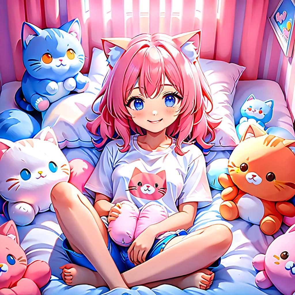 Pastel Kawaii Anime Art: Japanese Girl in Bed