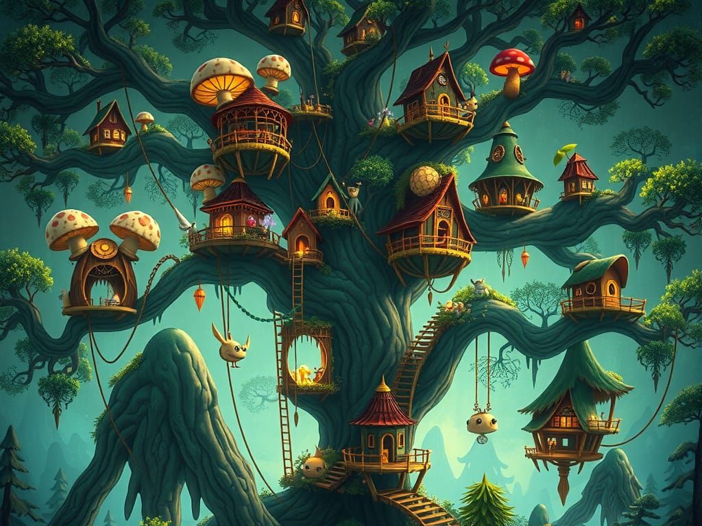 Surreal Treehouse Village in Bioluminescent Forest