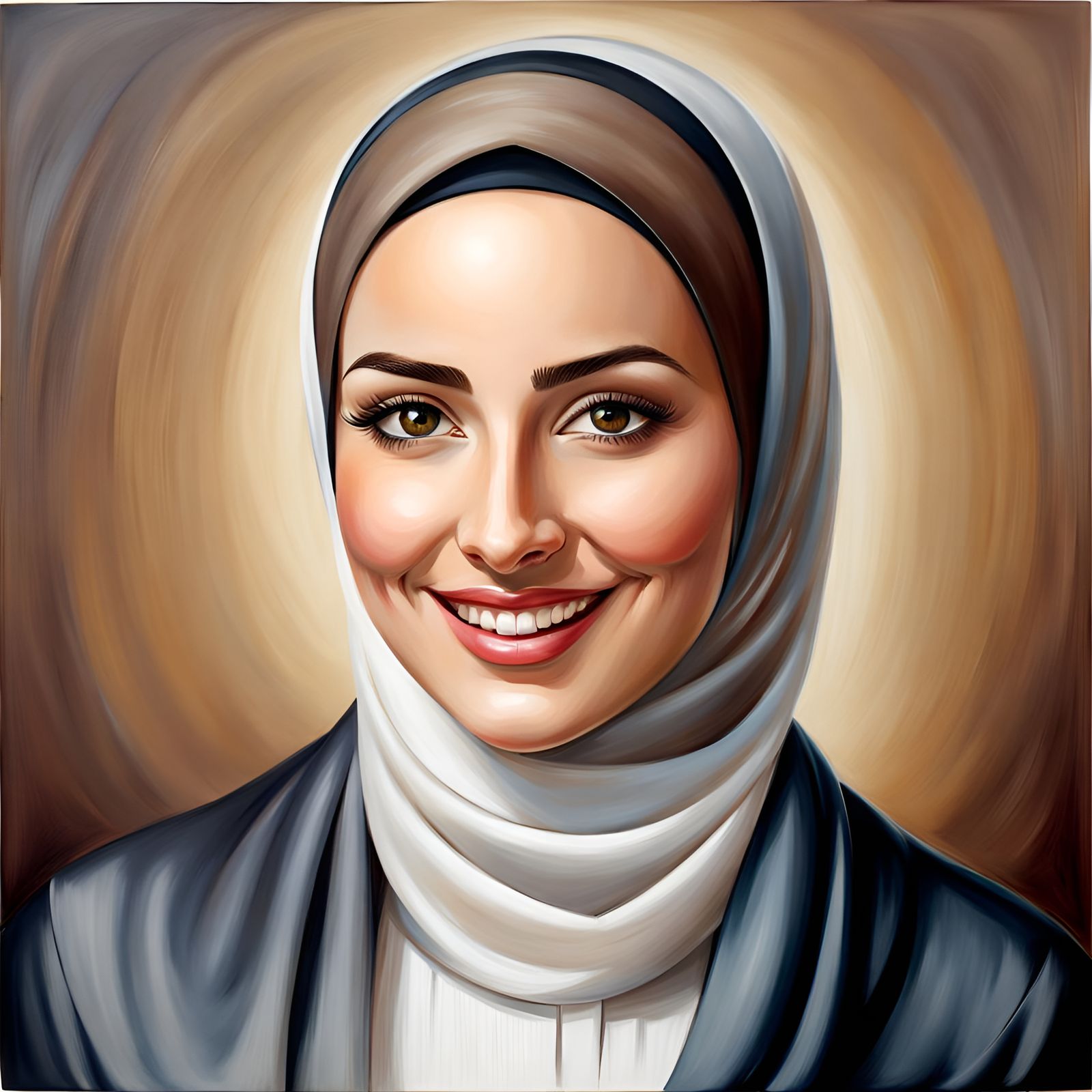 Elegant Smiling Woman in Hijab: Realistic Oil Painting