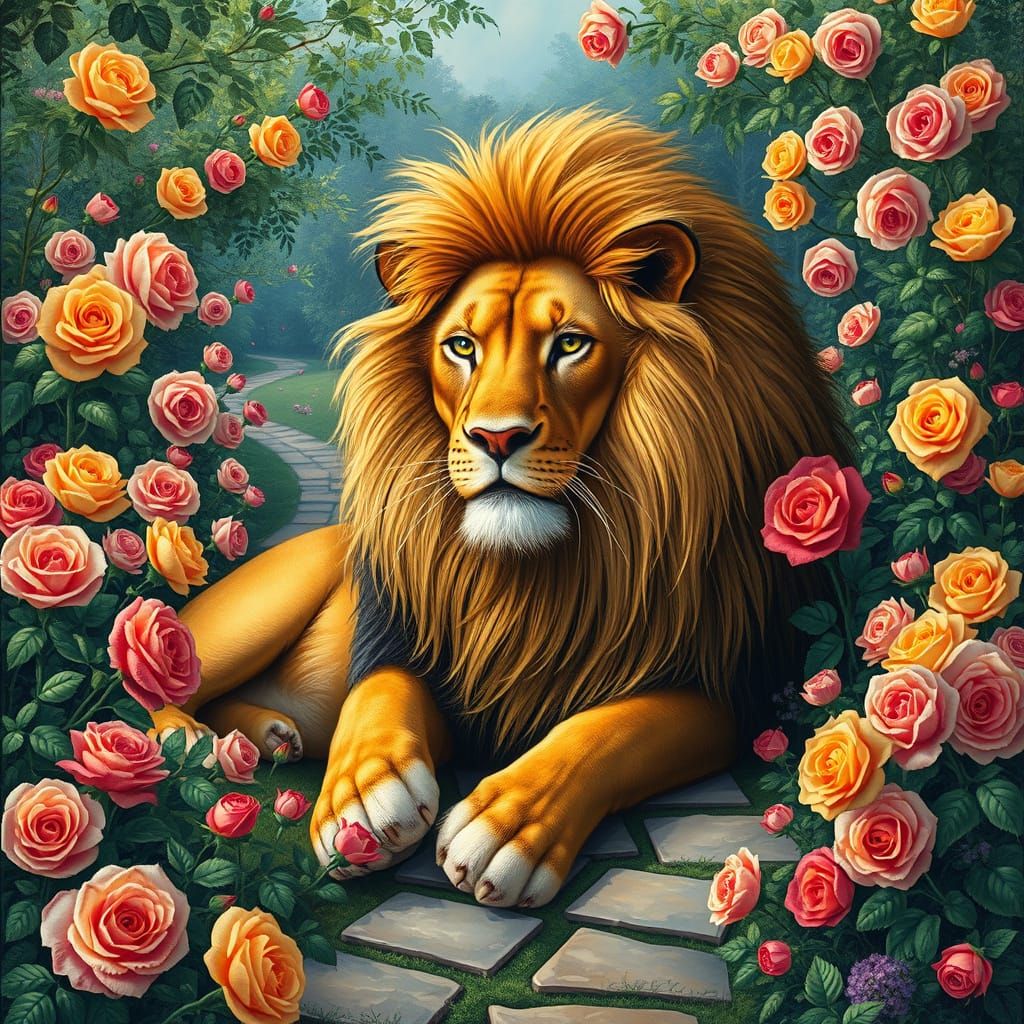 Lion in a Vibrant Rose Garden Scene