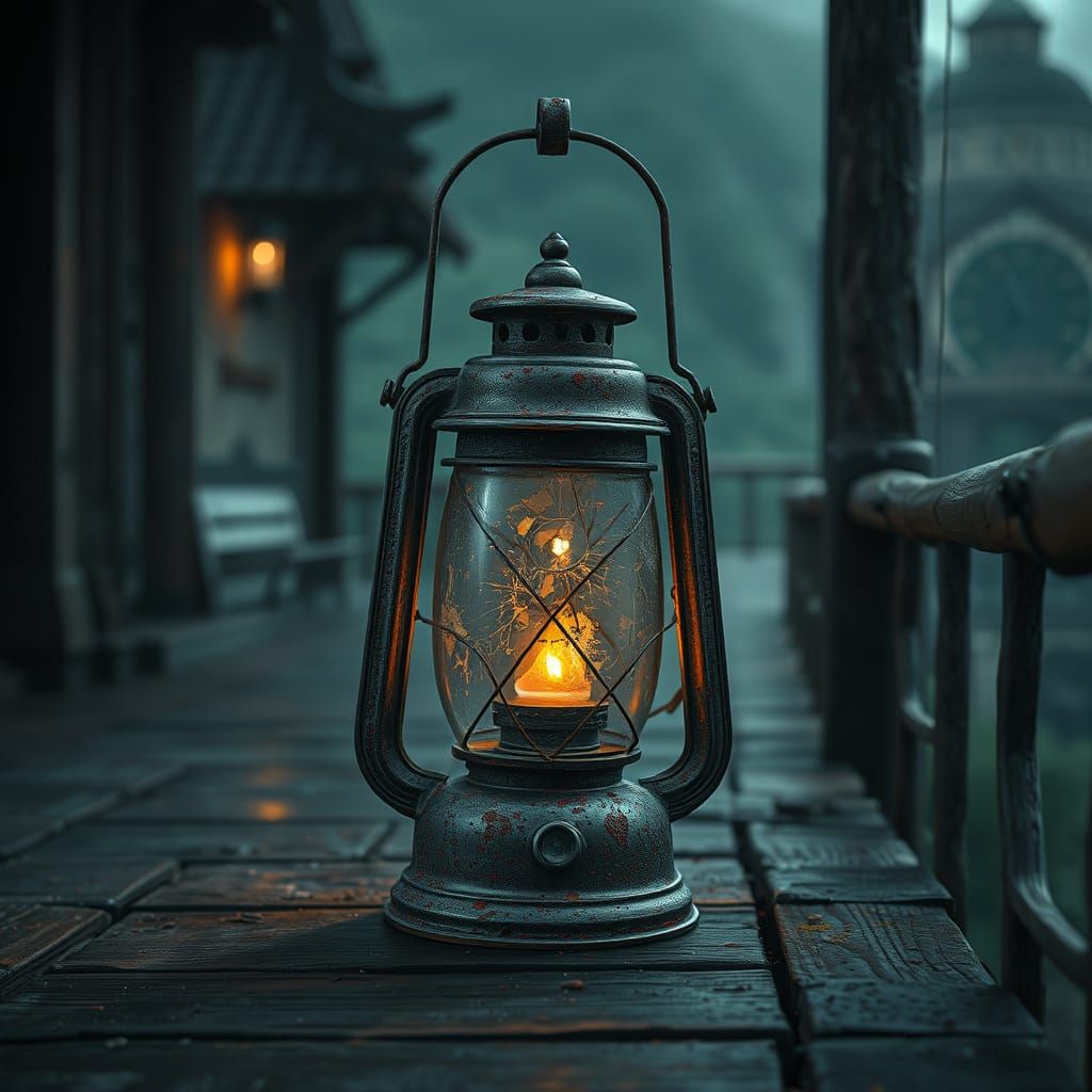 Glowing Lantern on Weathered Terrace: Matte Painting