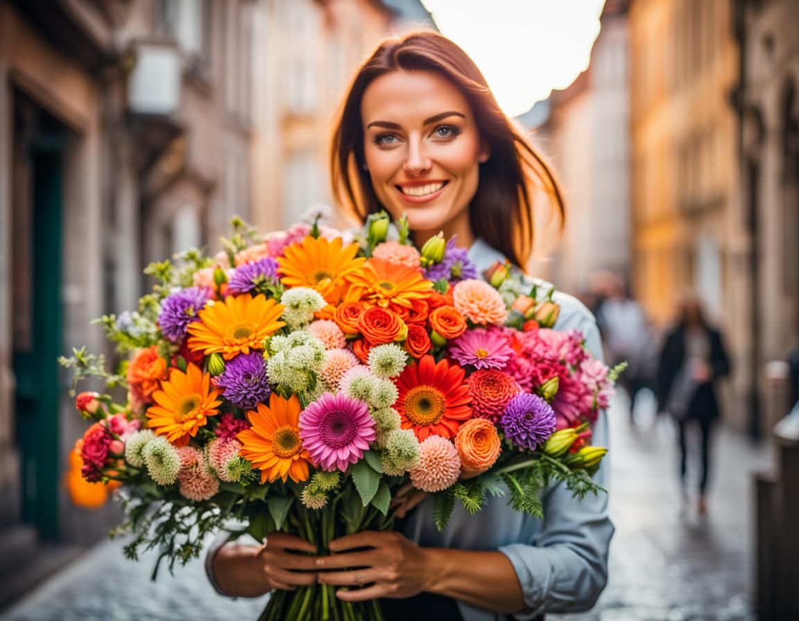 European Women with Colorful Flowers in Professional Photo