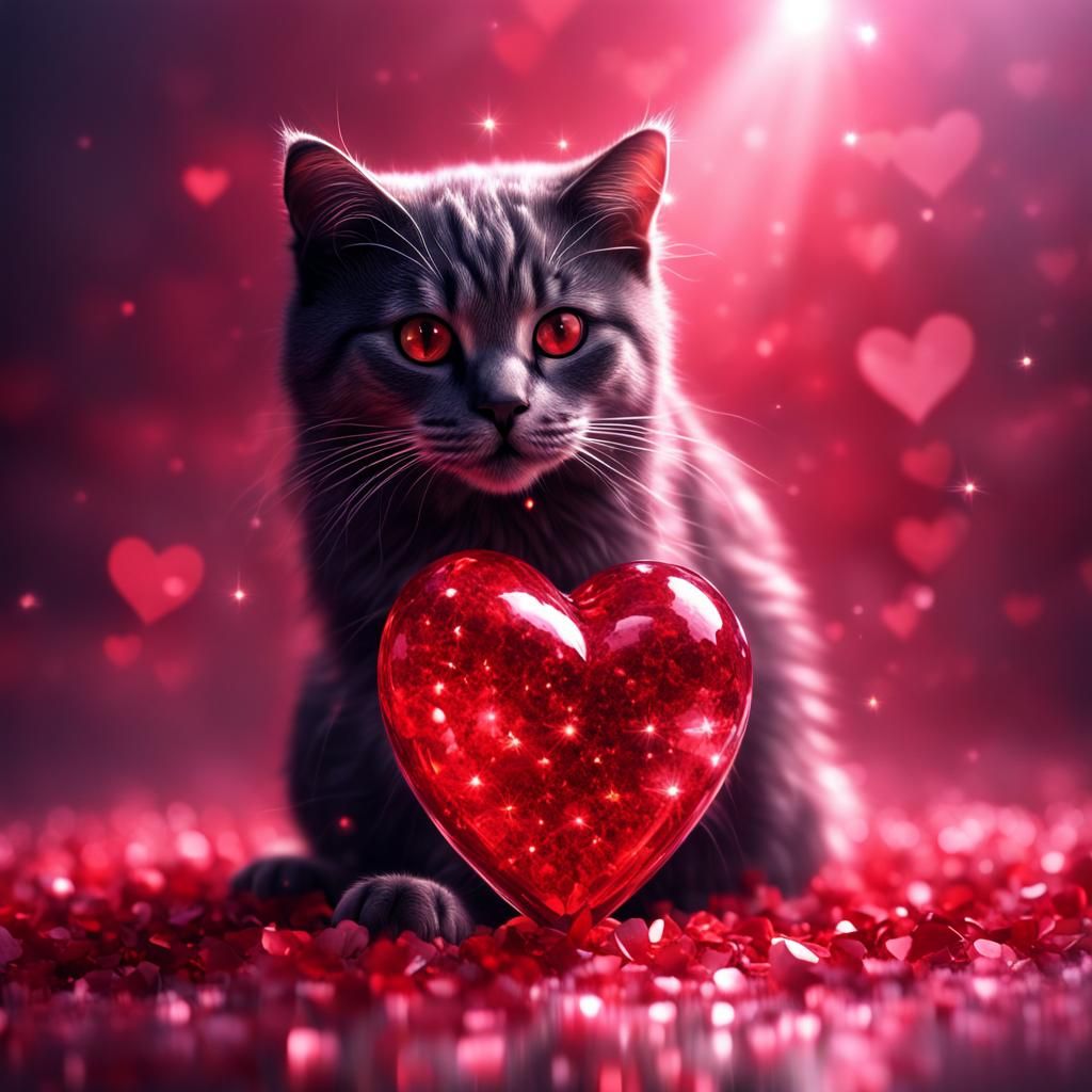 Valentine's Cat with Glowing Heart and Sparkles