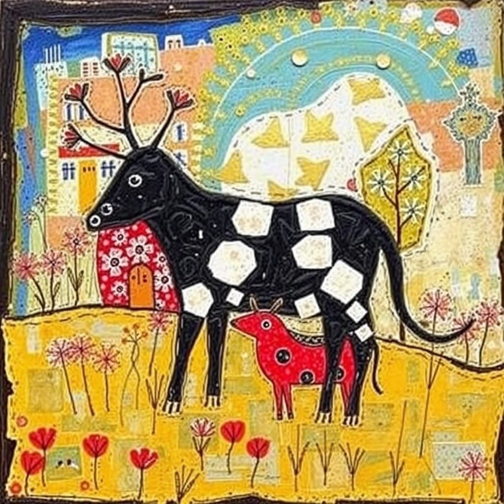 Naive Folk Art with Mixed Media Textures