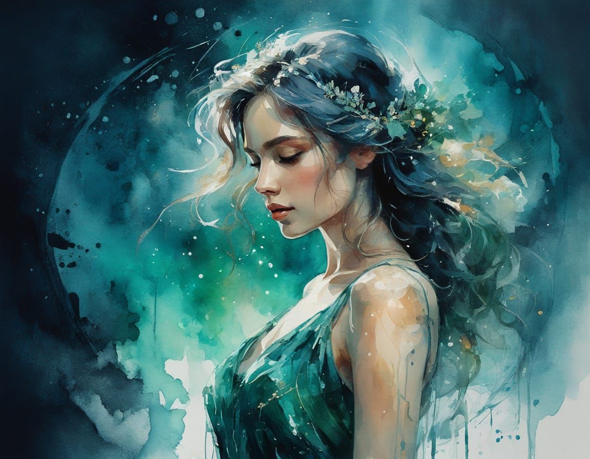 Woman with Emerald: Stylized Watercolor Portrait