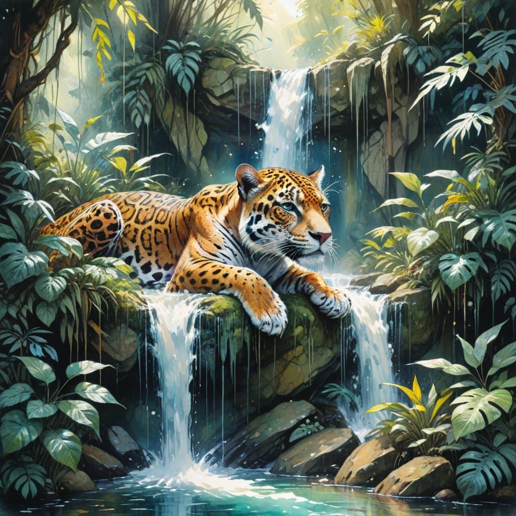 Ancient Jungle Temple in Vibrant Watercolour Style