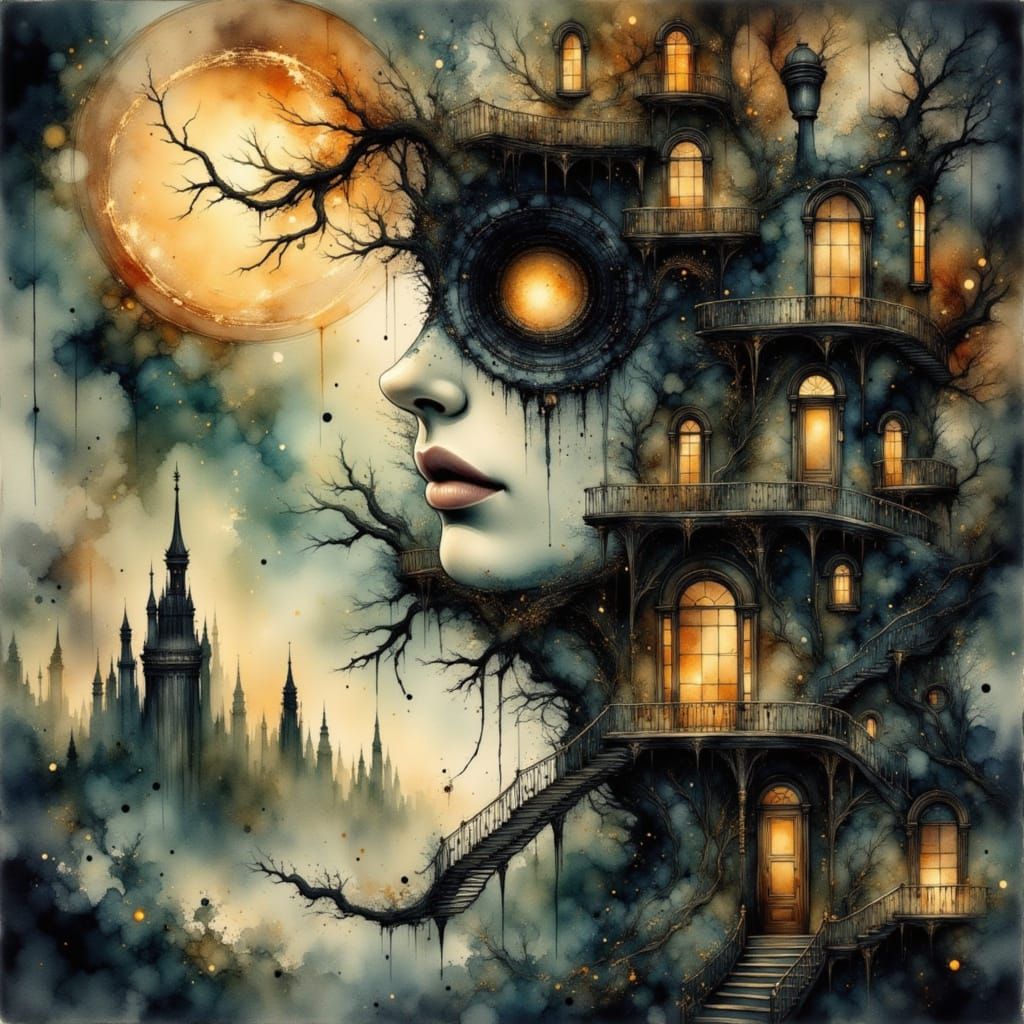 Whimsical Surreal Image with Mixed Drawing Effects