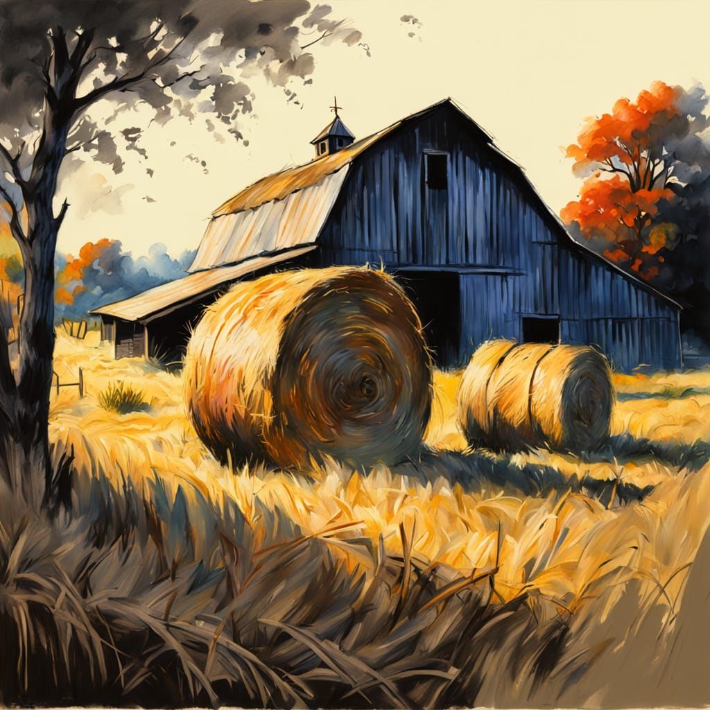 Hay in Barn: Ethereal Charcoal Drawing in Gouache Style