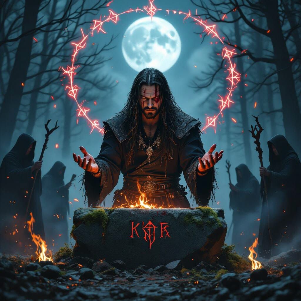 Slavic Warlock's Dark Ritual in Moonlit Forest