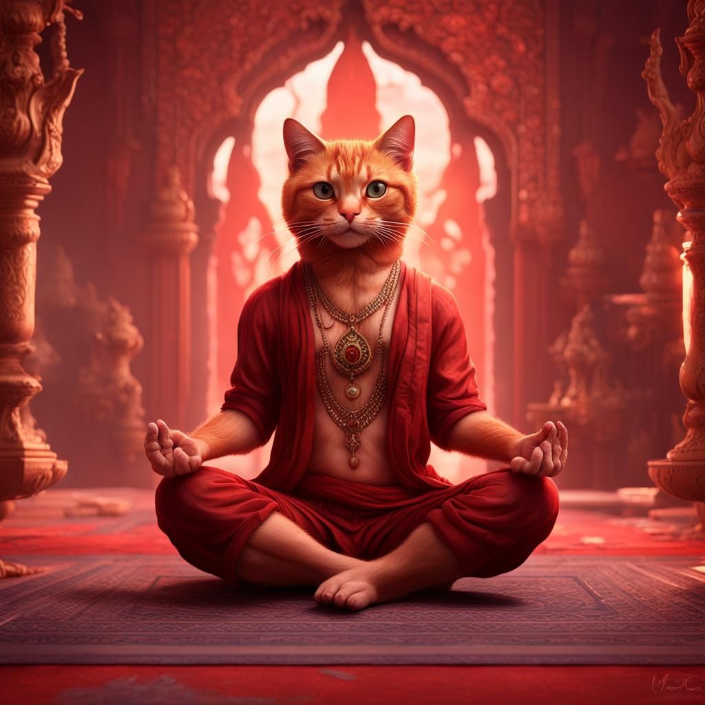 Red Cat Teaching Lotus Pose: Detailed Digital Painting