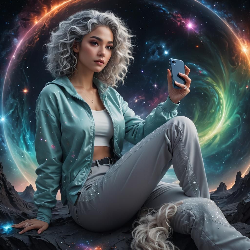 Astral Woman in Space Holding iPhone: Digital Art