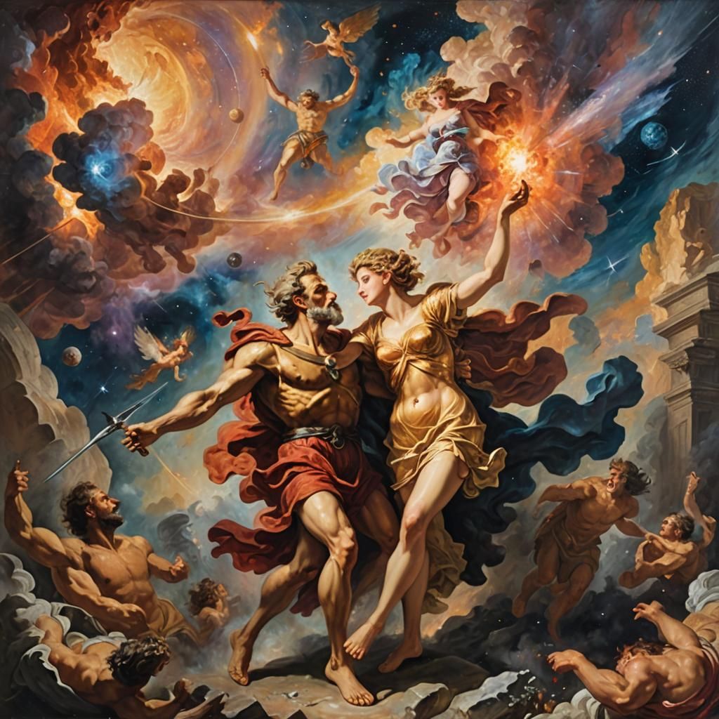 Porphyrion Attacks Hera: An Oil Painting in Baroque Style