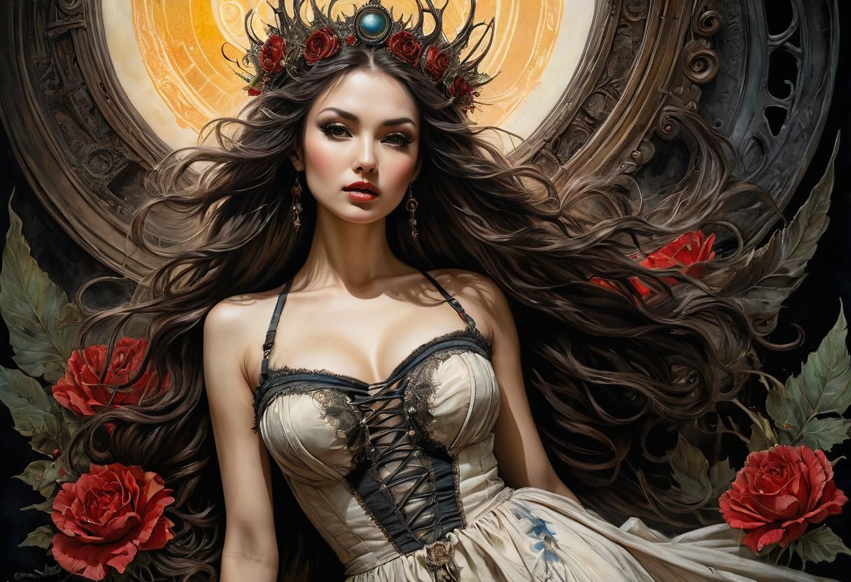 Surreal Dark Fantasy Maiden in Watercolor and Ink