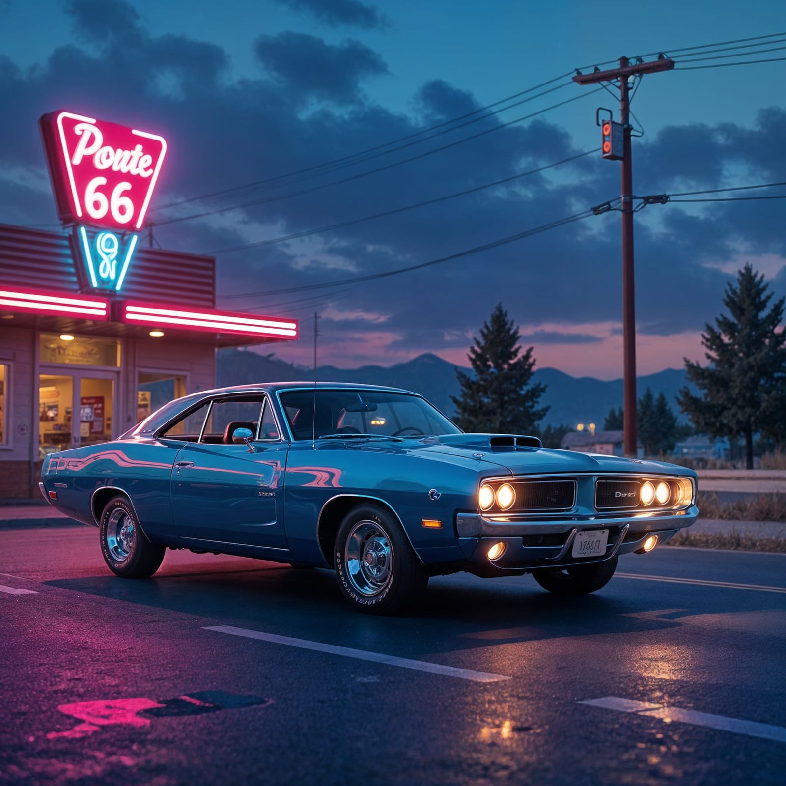 Gleaming Blue 1969 Dodge Charger on Neon Route 66