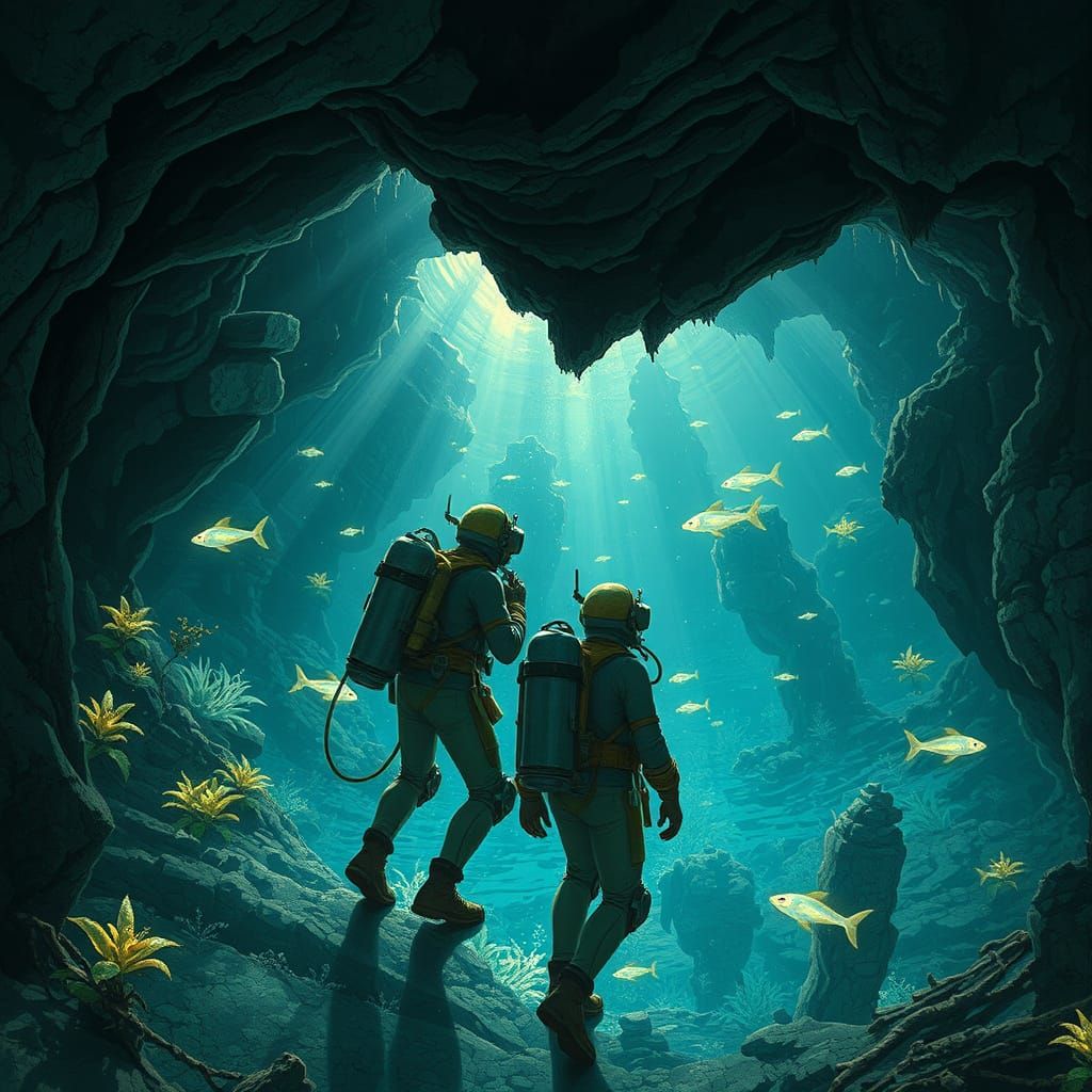 Underwater Grotto Discovery in Science Fiction Style