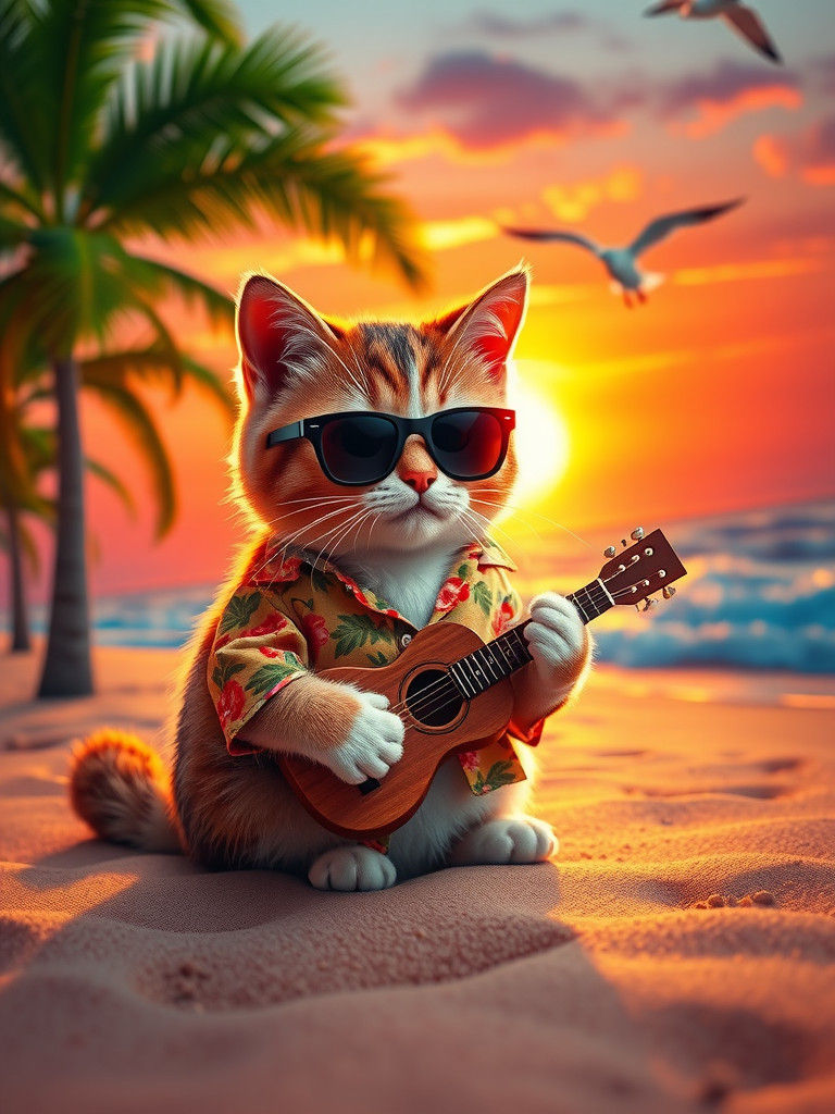Hawaiian Cat Serenade: A Beach Fantasy in Matte Painting