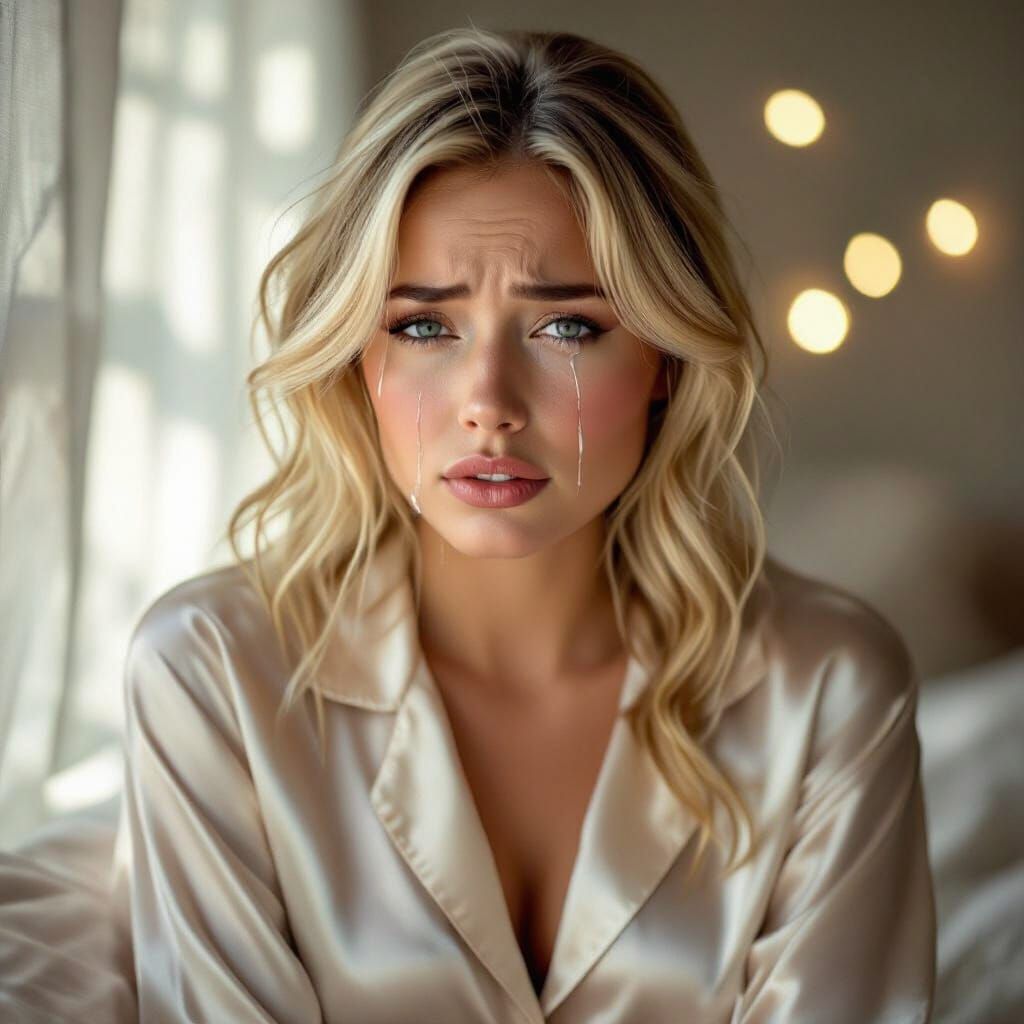 Emotional Portrait of Woman in Silk Pyjamas