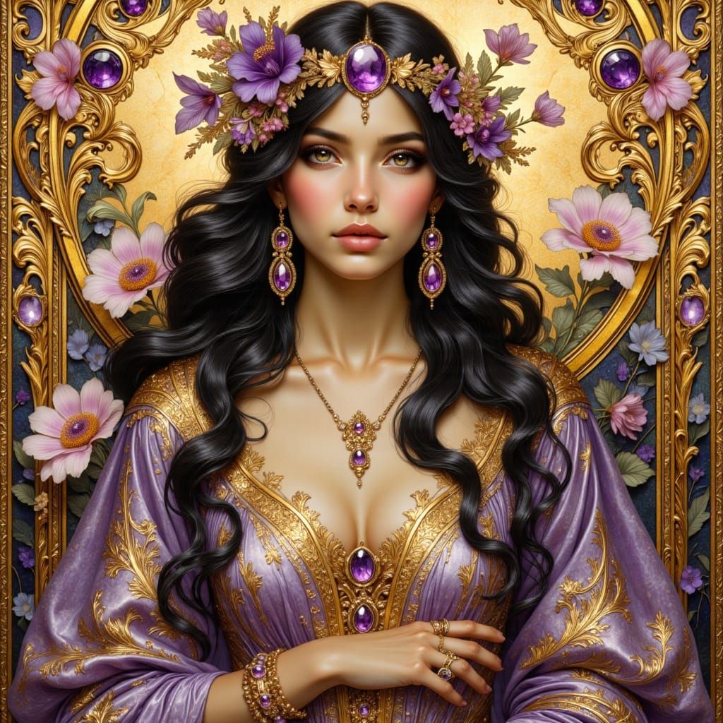 Art Nouveau Portrait: Gold & Amethyst Beauty