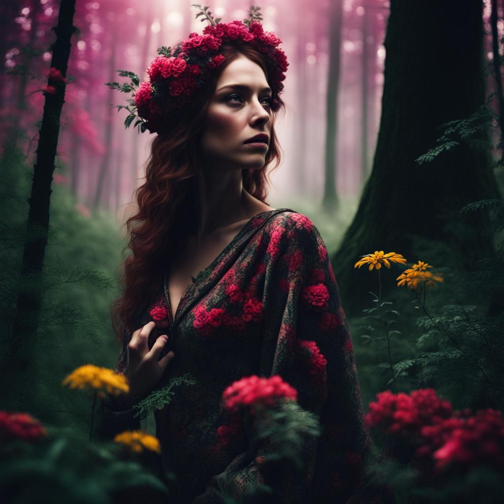 Fantasy Woman in Lush Cinematic Forest
