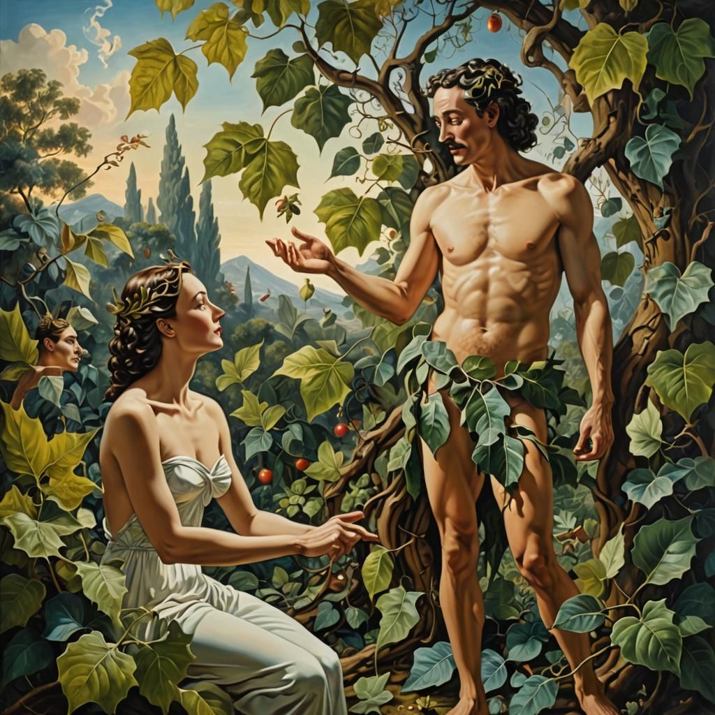Adam and Eve in Eden, a Surreal Oil Painting