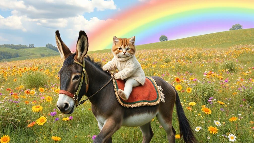 Whimsical Donkey Ride through a Rainbow Meadow